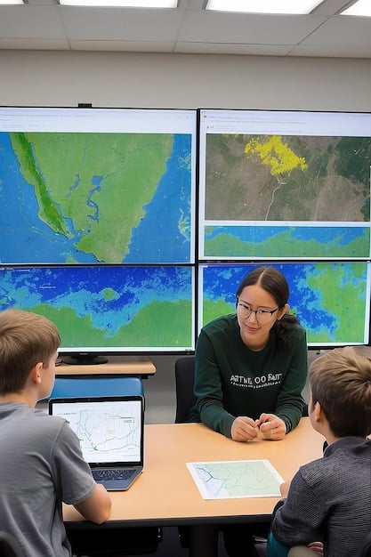 A classroom setting with aviation students listening to an instructor explaining flight principles, with a diagram of an airplane on the whiteboard.