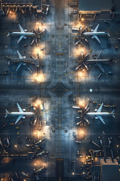 An image illustrating the impact of air traffic congestion, showing multiple airplanes stacked up in holding patterns around a major airport due to outdated air traffic control technology.