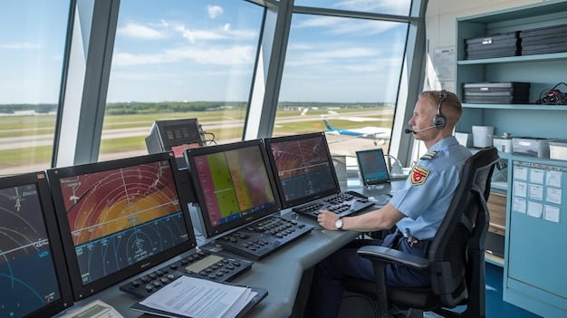 An air traffic controller at work in a control tower, surrounded by screens displaying real-time flight data, illustrating the critical role of air traffic management in aviation safety and efficiency.