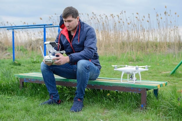 A drone pilot undergoing training at a drone flight school, with an instructor watching over them, emphasizing the importance of proper education and certification.