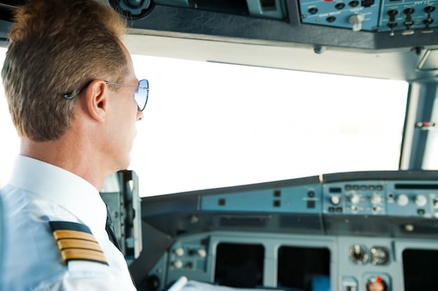 Picture of a pilot during their practical exam, showcasing the examiner's close observation and the pilot's focused attention. The environment is in a cockpit with the pilot's hands on the aircraft control.