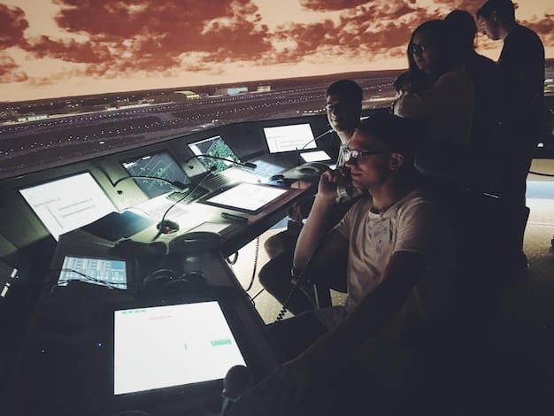 A group of air traffic controllers in a control tower, working with advanced monitoring equipment and communicating with pilots. Focus on their intense concentration and the technology they are using.