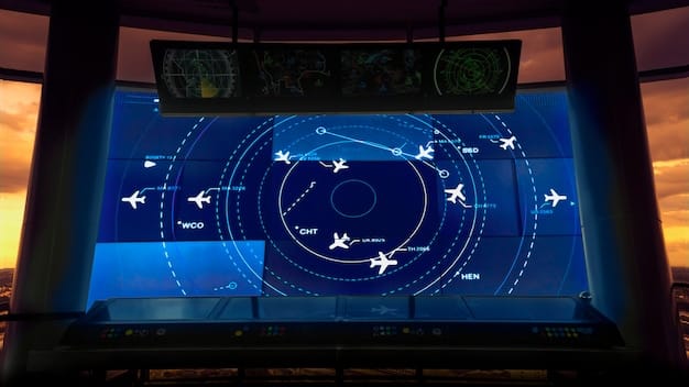 A digital rendering of an air traffic control display screen showing real-time aircraft positions and flight data under the NextGen system.