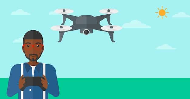 A graphic illustration of a drone equipped with geofencing technology, showing virtual boundaries around an airport and other restricted areas. The drone is depicted as staying within the safe zone.