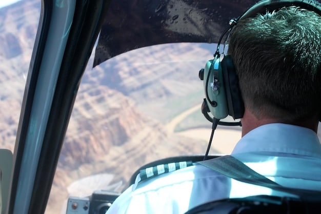A cockpit view during a flight, showing the pilot and co-pilot engaged in operating the aircraft, highlighting the skills and responsibilities required of aviation professionals.