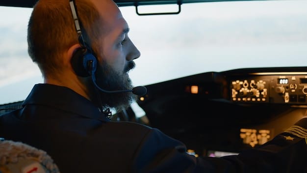 Close-up of a pilot in the cockpit, focusing on the array of instruments and controls. Highlight the pilot's concentration and expertise in managing the aircraft.