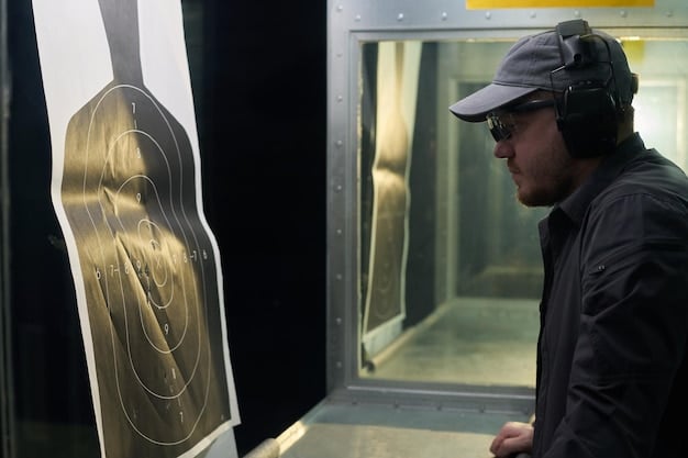 A medium shot of a TSA agent operating a state-of-the-art Advanced Imaging Technology (AIT) machine at an airport security checkpoint. The agent is looking at the screen, analyzing the image for potential threats. Passengers are queuing in the background, waiting for their turn to go through the scanner. The scene conveys a sense of professional diligence and advanced technology working together.