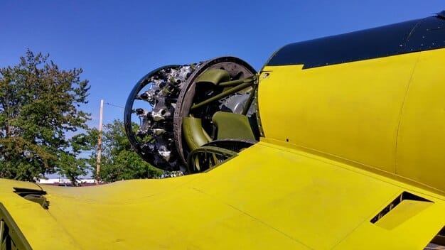 A close-up shot of a damaged engine component of the crashed plane, showing signs of mechanical failure and stress. The image emphasizes the importance of maintenance and inspection in preventing accidents.