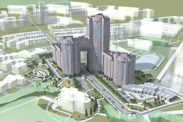 Detailed architectural rendering of the new commercial spaceport showing launch pads, control towers, and support facilities. The rendering emphasizes safety features and modern design.