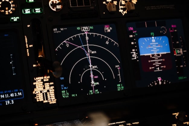 A close-up of a radar screen in an air traffic control tower, showing various aircraft positions and flight paths. The image should convey a sense of precision and technological sophistication, highlighting the importance of air traffic control in ensuring safe air travel. The screen should be brightly lit and the surrounding environment should be dimly lit to emphasize the display.