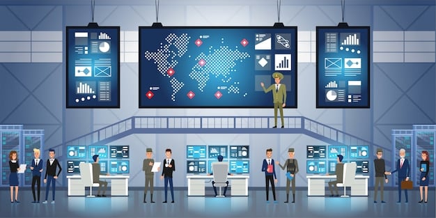 A control room at an airport, with air traffic controllers monitoring screens and communicating, highlighting the complexity of managing air traffic flow. Emphasize technology and real-time data.
