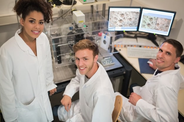 Several engineers working in a laboratory for a commercial spaceport. The image should convey a sense of innovation, collaboration, and technical expertise. Make sure the engineers are wearing lab coats.