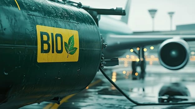 A close-up of a sustainable aviation fuel (SAF) production facility, showing the process of converting biomass into jet fuel, with emphasis on the eco-friendly aspects of the operation.