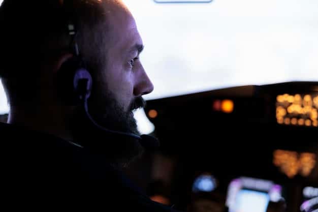 A close-up of a pilot in a cockpit, focusing on the multiple digital displays showing flight data. The screens display various indicators and maps, with a subtle overlay of binary code to emphasize the digital nature of modern aviation systems.