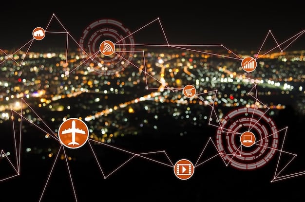 A network diagram showing various aviation systems (aircraft, ground control, passenger services) interconnected, with arrows indicating potential points of cyberattack and data breaches. Highlight the complexity of the aviation network.
