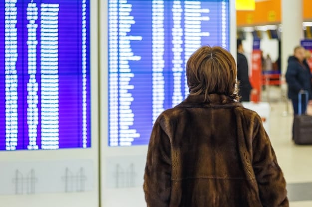 A photo showing a very long security line at an airport. Passengers look tired and frustrated. Signage indicates significant wait times.