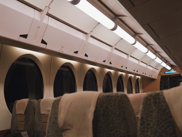 Interior of an aircraft cabin featuring lightweight seating and energy-efficient lighting, showcasing sustainable interior design elements that reduce weight and energy consumption.