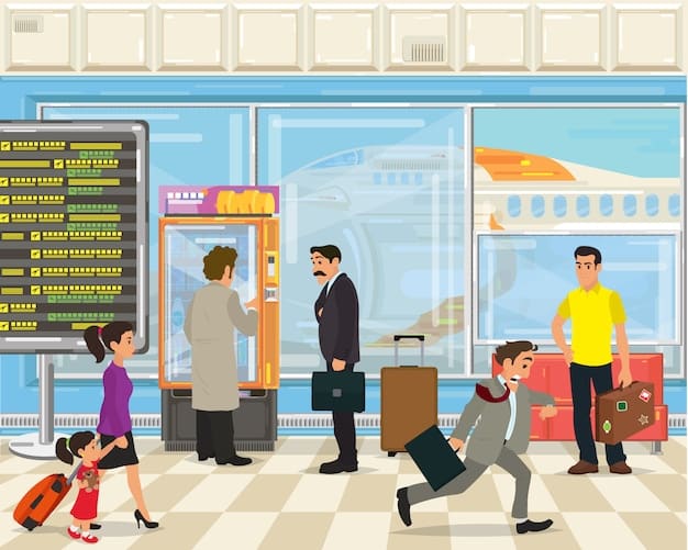 A busy airport terminal scene showing check-in counters and passengers walking with luggage, demonstrating the customer experience challenges that mergers can affect.
