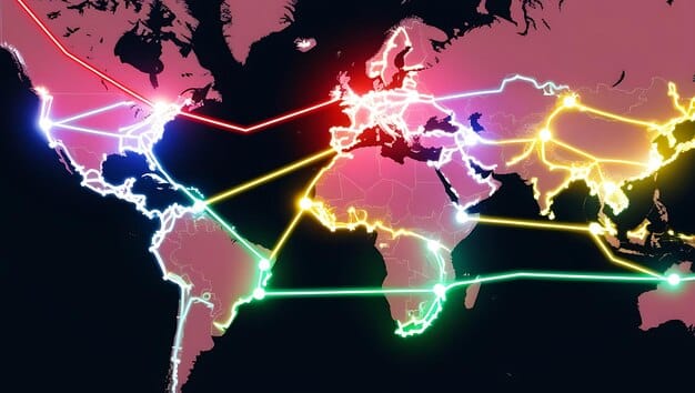 A world map highlighting airline routes connecting various cities, symbolizing expanded market reach via mergers and acquisitions. The routes are brightly colored for emphasis.