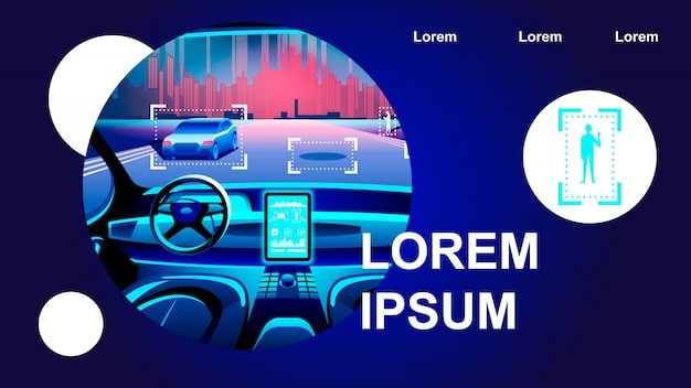 An illustration of a futuristic car dashboard using augmented reality to display information about traffic conditions, weather, and points of interest along the route, enhancing the driver's awareness and decision-making capabilities.