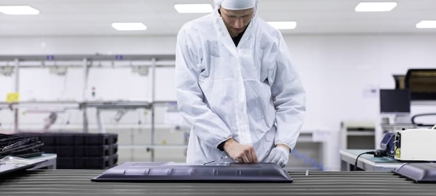A group of scientists in a cleanroom environment working on solid-state battery prototypes. The image should convey a sense of innovation and technological advancement, with the scientists using specialized equipment to analyze and test the battery components.