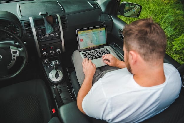 A driver customizing their car's settings through a digital interface on the dashboard. The interface shows options for adjusting performance settings, safety features, and entertainment preferences. The car is parked in a modern garage, with visible charging cables indicating its electric or hybrid nature.
