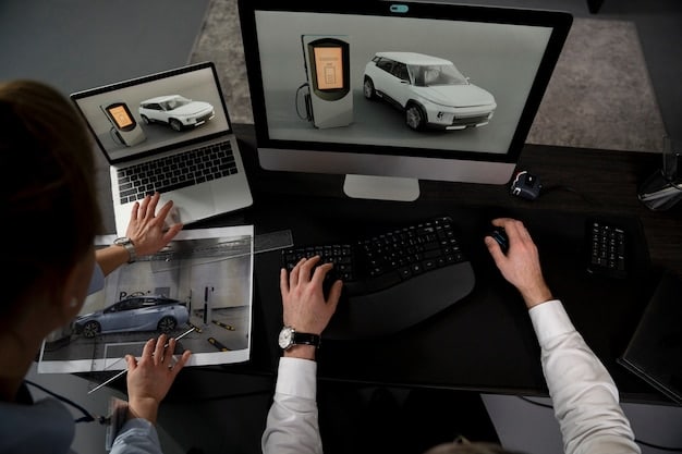 A modern automotive design studio with designers working on a digital car model. The studio is filled with large screens displaying various aspects of the vehicle's software and hardware, demonstrating a collaborative and tech-focused environment. The designers are engaged in discussions, highlighting the integration of design and software development.