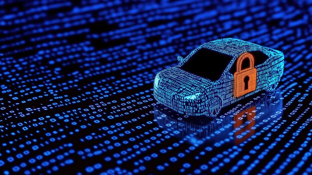 A graphical representation of a car surrounded by encrypted data streams, symbolizing the enhanced security provided by blockchain technology. The image conveys the concept of data protection and the prevention of unauthorized access to vehicle systems and personal information.