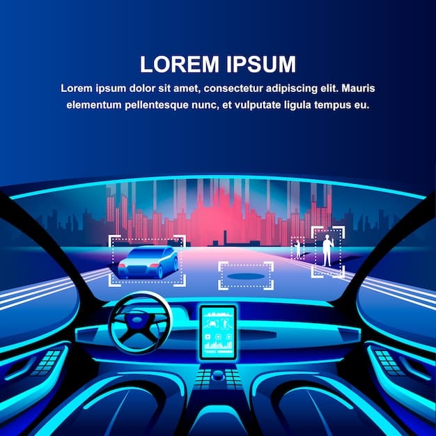 A futuristic car interior with a holographic display projecting driving information augmented with AI-driven suggestions for navigation and entertainment.
