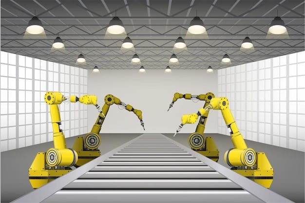A digital representation of an automotive factory floor, with virtual robots and assembly lines. The digital twin is overlaid with real-time data, showcasing key performance indicators (KPIs) such as production volume and equipment status.