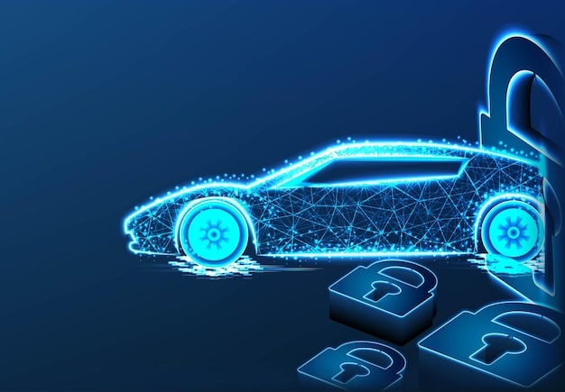 A stylized image of a car surrounded by digital shields and locks, representing cybersecurity measures protecting OTA updates from hacking attempts.
