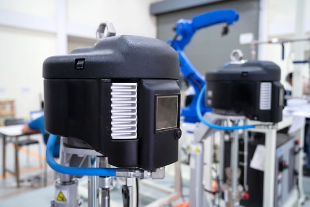 A clean, modern factory setting with robotic arms assembling solid-state batteries. The image should convey a sense of high-tech manufacturing and precision. Workers in cleanroom suits are visible in the background, overseeing the process.