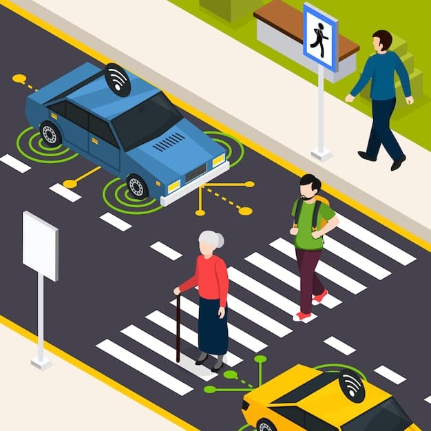 A graphical representation of a V2X-enabled vehicle detecting a pedestrian crossing the road obscured by a parked car, highlighting the pedestrian alert feature and its ability to improve safety in urban environments. The image should clearly show the vehicle, the pedestrian, and the obstructed view.