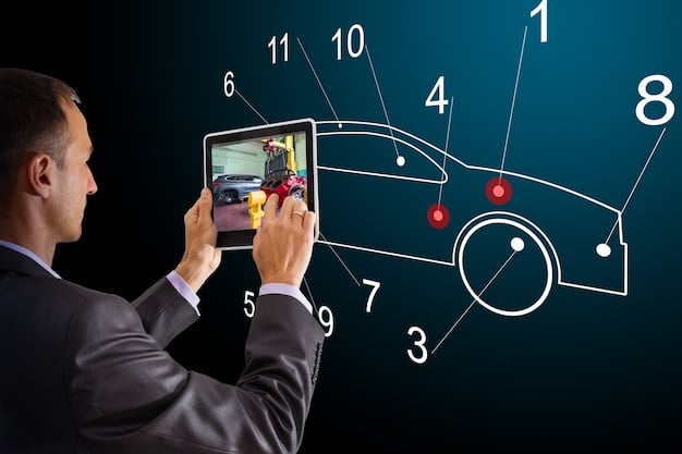A conceptual graphic showing data points from a car being analyzed in real-time to predict maintenance needs.