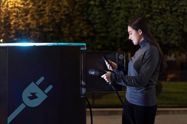 A CHAdeMO charging station with a Nissan Leaf plugged in and charging. The focus is on the CHAdeMO connector and the charging station's interface. The background shows other charging stations and vehicles.