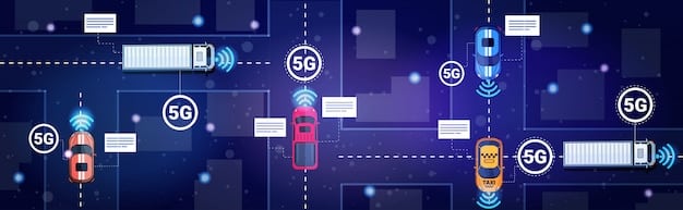 A diagram illustrating how 5G connectivity enhances ADAS (Advanced Driver-Assistance Systems), showing sensors, data transmission, and vehicle response.