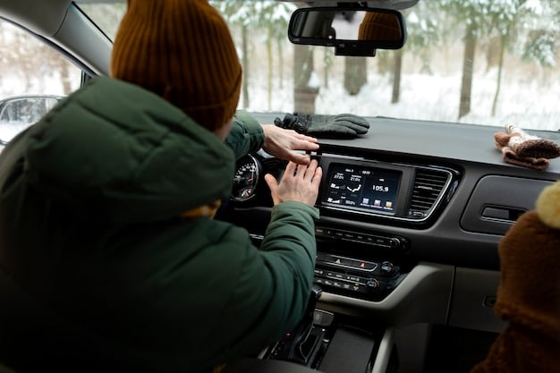 A driver sitting in a car, with the car's infotainment system displaying personalized settings based on facial recognition. The settings include preferred music, climate control, and seat adjustments.