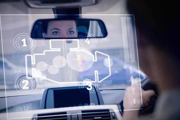 An image depicting a digital dashboard showing a vehicle's data on a blockchain, illustrating lifecycle management with blockchain's secure and transparent tracking.