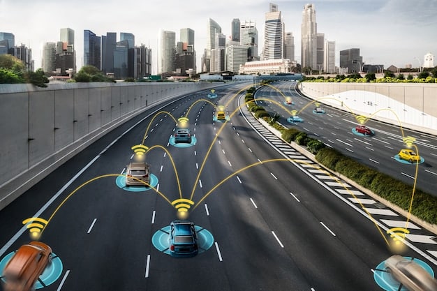 An autonomous car navigating a busy city intersection, showcasing its sensor technology and 5G connectivity. The car should appear futuristic and seamlessly integrated into the urban environment.