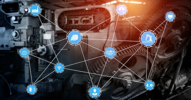 A detailed diagram illustrating a blockchain network tracking automotive parts from suppliers to manufacturers, distributors, and dealers. Each block represents a part with its origin, manufacturing details, and current location. The network highlights enhanced transparency and traceability throughout the supply chain.