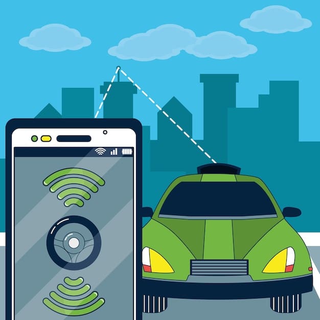 A visual depiction of an over-the-air (OTA) update being securely transmitted to a car via a blockchain network. The block represents the update package, and the connections symbolize secure transmission and verification. The car is connected to a cloud network, indicating real-time software updates with enhanced security.