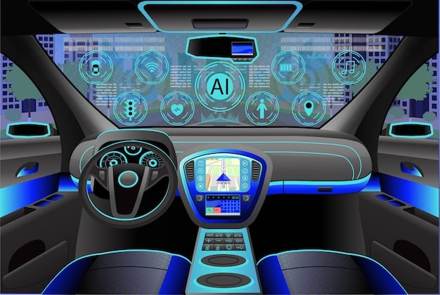 A futuristic car interior with a holographic display projecting navigation and entertainment information in front of the driver. The dashboard is minimalist and clean, with seamless integration of technology.
