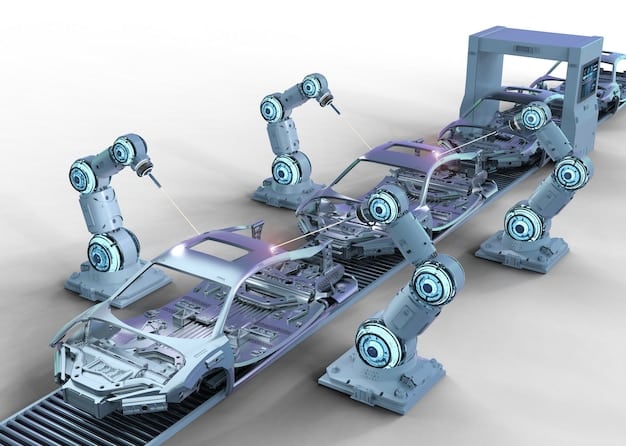 An image of a futuristic automotive factory, with robotic arms assembling a car chassis. A translucent digital twin of the assembly line is overlaid, showing real-time data on each robot's performance, potential bottlenecks, and predictive maintenance alerts.