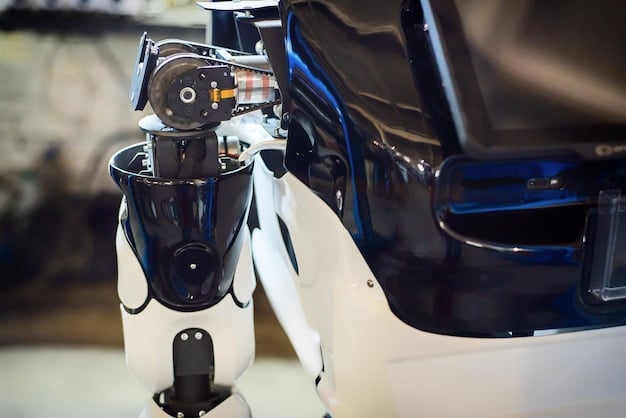 A close-up view of a robotic arm precisely welding a car chassis in an automotive factory. Sparks are flying as the robot's movements are controlled by AI algorithms to ensure the weld is perfect and consistent.