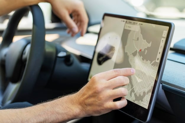 A close-up of a car infotainment screen showcasing augmented reality navigation. The screen displays a live video feed of the road ahead, overlaid with directional arrows and lane guidance information. The image should convey a sense of advanced technology and intuitive navigation.