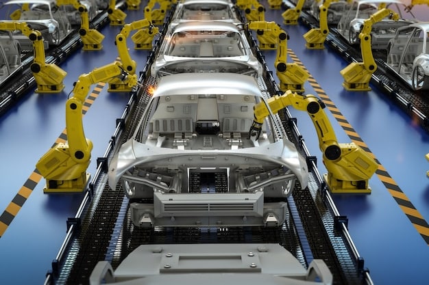 Linha de produção automotiva de alta tecnologia com robôs montando carros. Em primeiro plano e com destaque, uma tela mostrando a representação digital de um dos robôs em ação, exibindo métricas de desempenho em tempo real.