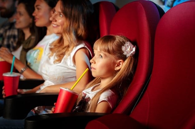 A close-up shot of a family inside their car at a drive-in movie theater. The parents are in the front seats, smiling, while the kids are in the back, eyes glued to the screen. The car is filled with snacks and blankets, creating a cozy and intimate atmosphere.