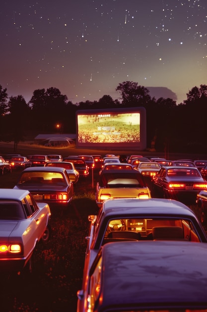 A time-lapse shot of a drive-in movie theater over the course of an evening. Starting with the setting sun, the scene transitions to darkness, with the movie screen illuminating the rows of cars. The overall impression is one of a vibrant and dynamic community gathering place.