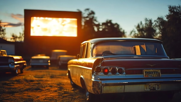 A close-up shot of a classic car parked at a drive-in movie theater. The focus is on the car's vintage dashboard and steering wheel. On the dashboard, there's a vintage radio, and the background shows a blurry image of the movie screen and other cars. The image captures the nostalgic and retro feel of the drive-in experience.