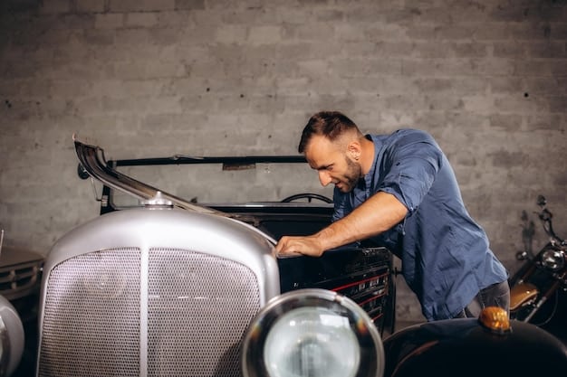 A shot of a mechanic working on the engine of a vintage car, with tools and parts scattered around. The setting is a well-equipped garage, and the focus is on the hands of the mechanic and the intricate details of the engine.